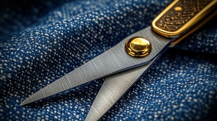 Scissors rest on textured fabric, close-up. Golden accents on the tool's handle