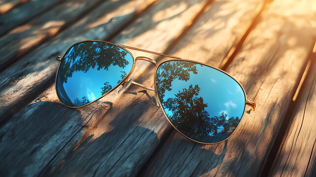Aviator sunglasses with mirrored lenses reflecting a sunny sky and trees on a wooden surface. Vivid Glare. Illustration