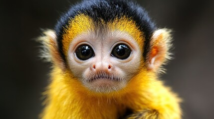 Fototapeta premium Close-up portrait of a cute baby monkey with big eyes and yellow fur.