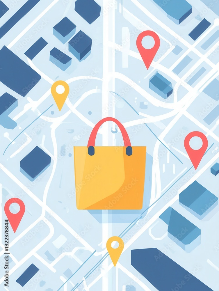 Aufkleber Elegant illustration of a delivery route map featuring a grocery bag and location pins for efficient navigation and planning