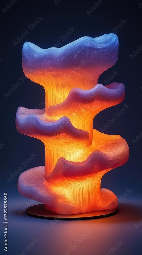 Poster abstract illuminated sculpture resembling flowing clouds, casting warm light in a dark setting