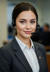 Beautiful woman using microphone as customer service or operator serving the public in the company