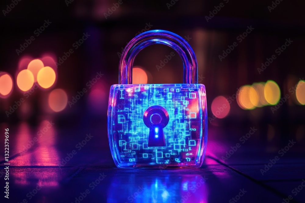 Fototapete glowing digital padlock with abstract circuit patterns against blurred bokeh background. concept of 