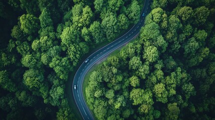Aerial View of Curved Road in Forest