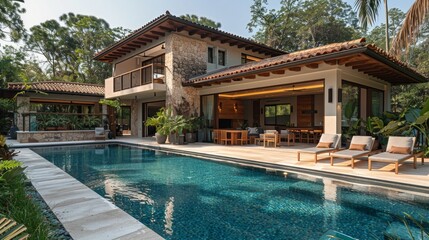 Fototapeta premium Beautiful villa with lagoon pool and gourmet outdoor kitchen surrounded by gardens and terraces under clear blue sky