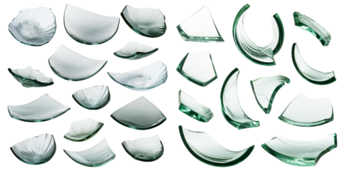 Broken glass pieces in different shapes and sizes isolated on transparent background