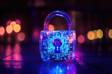 glowing digital padlock with abstract circuit patterns against blurred bokeh background. concept of cybersecurity and information protection. technology, security presentation, website design.