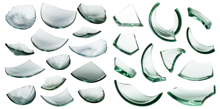 Broken glass pieces in different shapes and sizes isolated on transparent background