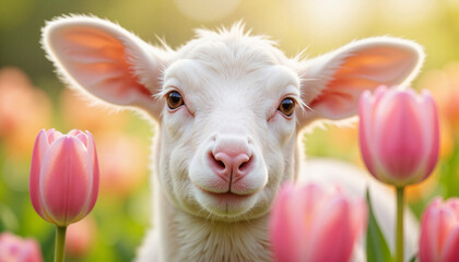 Fototapeta premium Close-up of a lamb's face framed by fresh tulips in pastel colors, with a beautifully blurred floral field background 