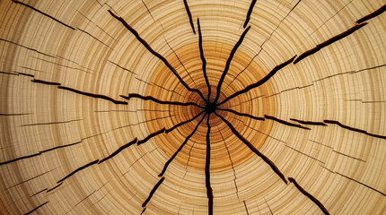 Fototapeta premium Natural Wood Texture Tree Trunk Cross Section with Clear Growth Rings and Cracks