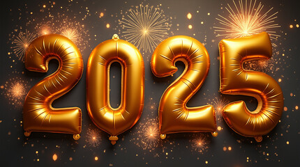 2025 New Year's Celebration with Festive Balloons "A festive New Year's celebration with large gold balloons displaying the year 2025, surrounded by fireworks and excitement.
