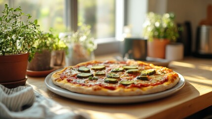 food styling, pizza with pickles on a plate on a scandinavian-style kitchen table with a summer-inspired decor and big window