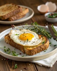 A plate with a sunny-side-up egg on slices of toasted bread, garnished with herbs.