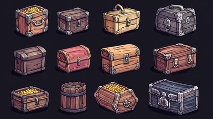 Collection of cartoon treasure chests and barrels.