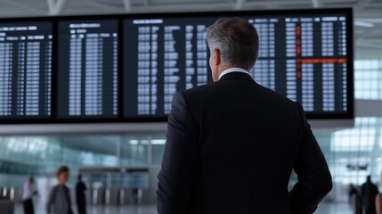 Fototapeta premium A Business Traveler Checking Flight Status: A sophisticated business traveler in a tailored suit intently reviews the departure board, with a sense of purpose.