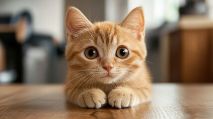 Adorable ginger kitten sitting on wooden table.