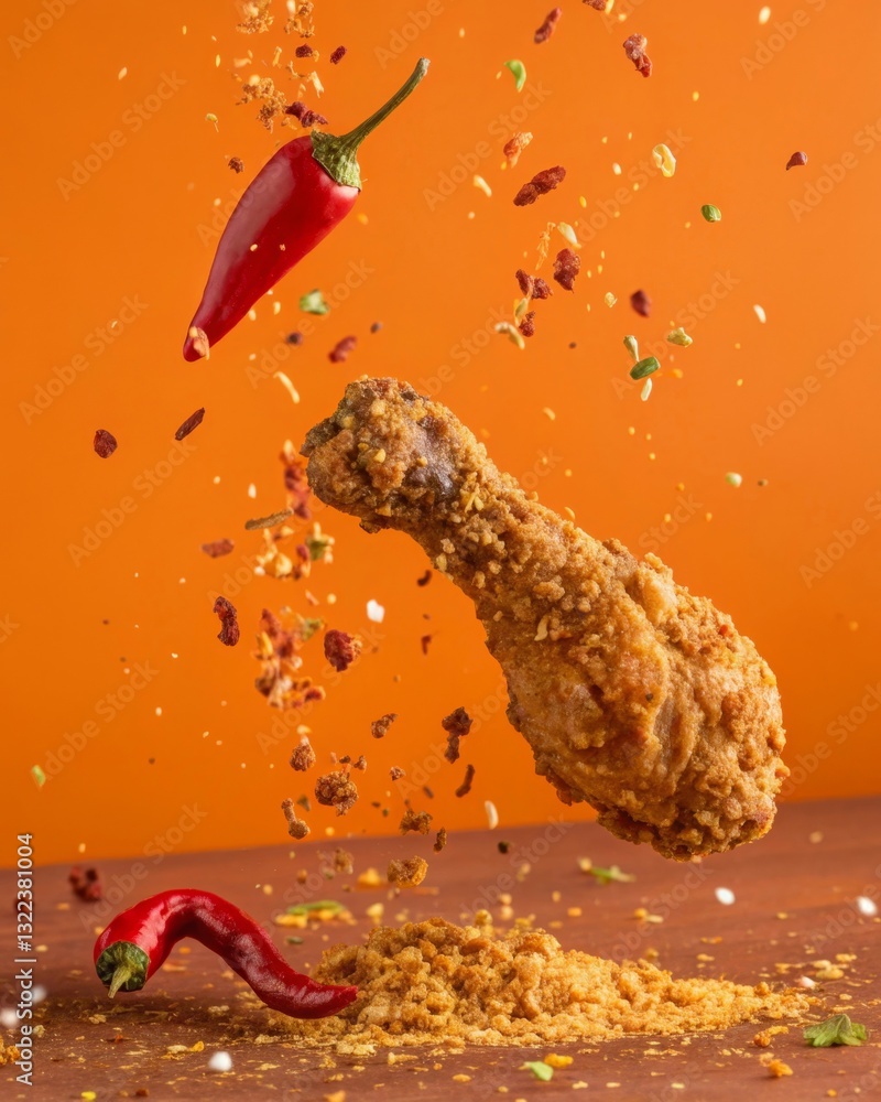 Poster The image features a floating, crispy fried chicken drumstick surrounded by colorful spices and a couple of red chili peppers, all set against an orange backdrop.