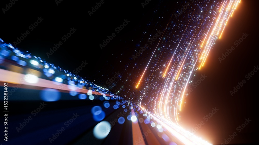 Aufkleber 3d render. abstract glowing neon lines and bokeh lights isolated on black background. speed of light