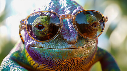 A colorful chameleon with stylish glasses on its nose smiles at the sun