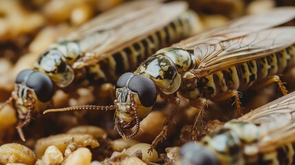 Close-up of insects feeding on grain