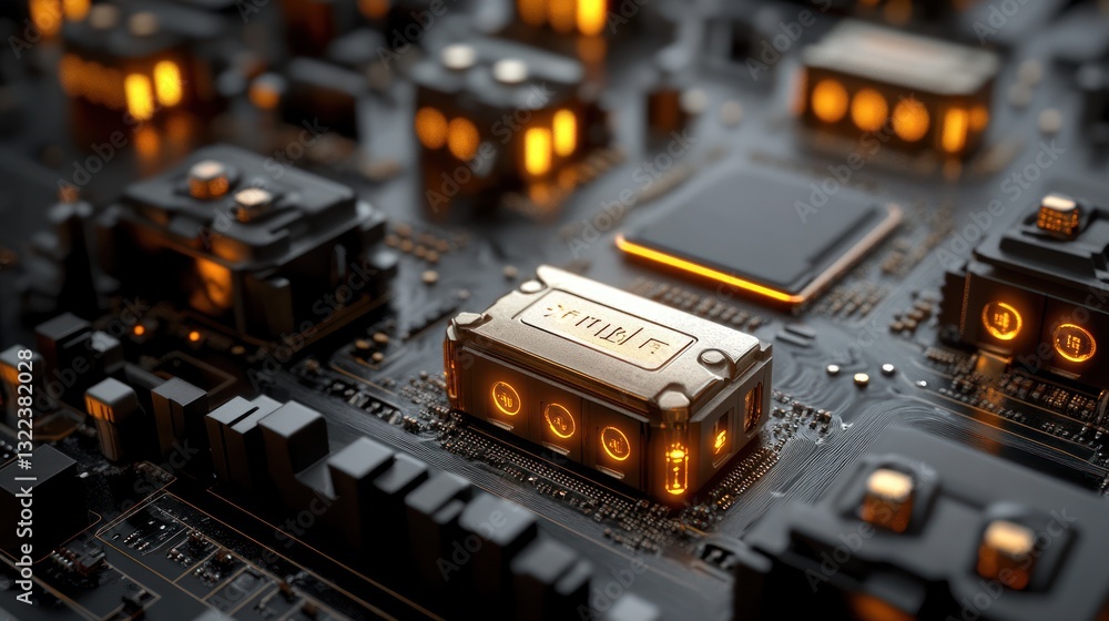 Aufkleber close-up of a futuristic circuit board with glowing components.