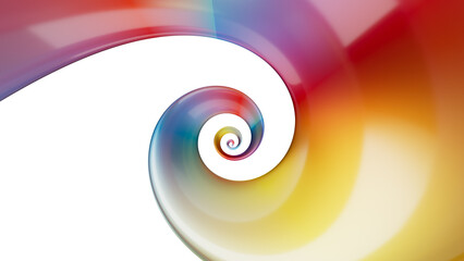 A vibrant spiral design with smooth multicolored gradients transitioning from red to yellow. 3d rendering of translucent wavy glass helix or curly metallic tube. Aesthetic fun wallpaper