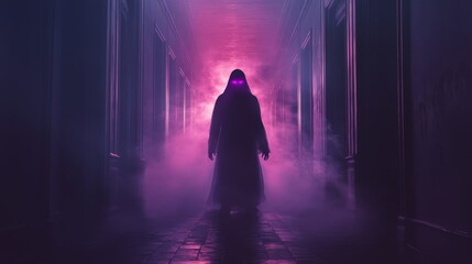 Mysterious Figure in Hallway with Glowing Red Eyes