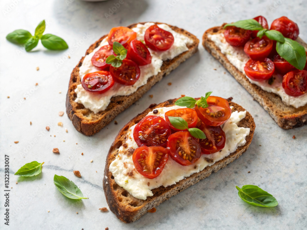 Poster a close-up shot of three slices of toasted bread topped with ricotta cheese and cherry tomatoes garn