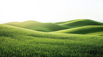 Obraz premium A panoramic vista of rolling green hills covered in lush, vibrant, short grass, with a clear, bright white sky, perfectly depicting a wide grassy meadow landscape