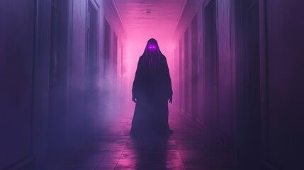 Mysterious Figure in Hallway with Glowing Red Eyes