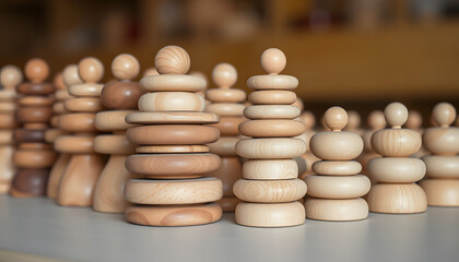 Obraz premium Stacks of balanced decorative wooden pieces in row, photo. White tone