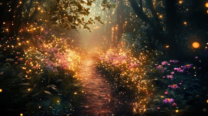 Fototapeta premium A mysterious path illuminated with beautiful sparkling lights glows