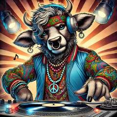 Hipster Cow DJ in Vintage Comic Book Style