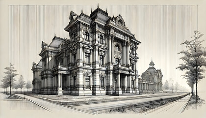 Hand-Drawn Architectural Sketch of a Classic European Cathedral