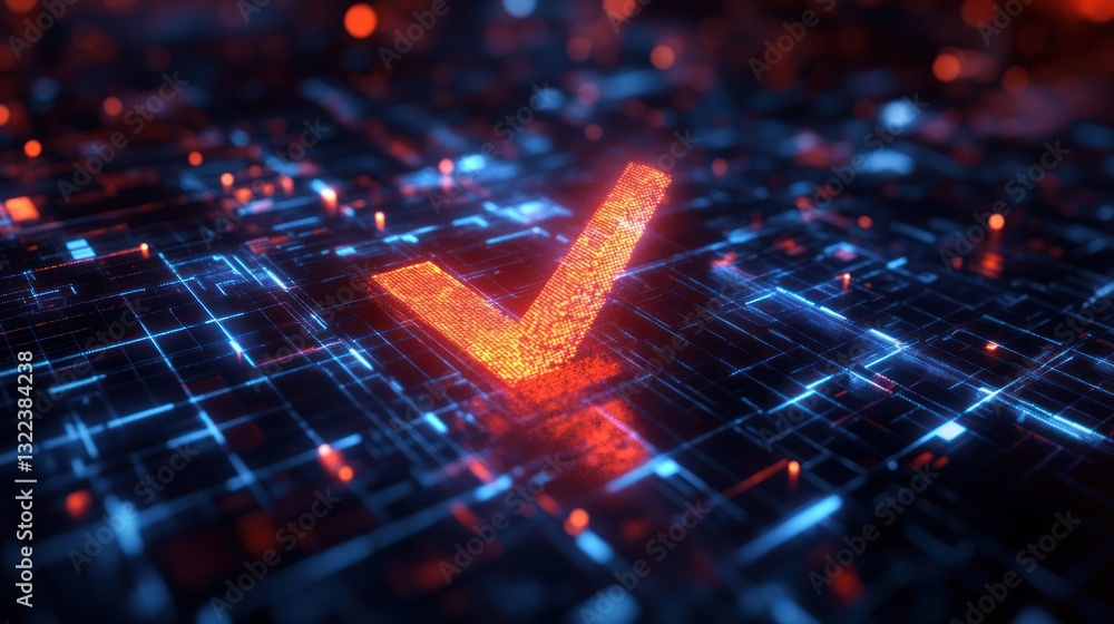Poster glowing digital checkmark on circuit board.