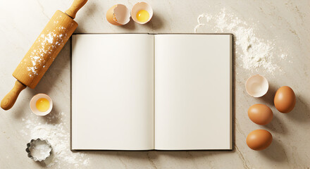 Open Cookbook with Rolling Pin, Eggs, and Flour, Baking Concept
