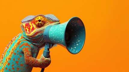 Colorful chameleon holding megaphone. (1)