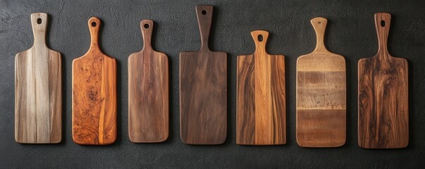 A row of ten different wooden cutting boards, all with handles and arranged in a line on a dark grey textured surface.