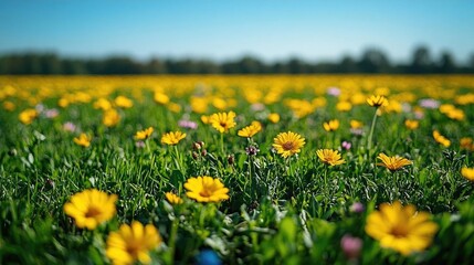 Obraz premium Vibrant yellow flowers blooming in a lush green field under a clear blue sky