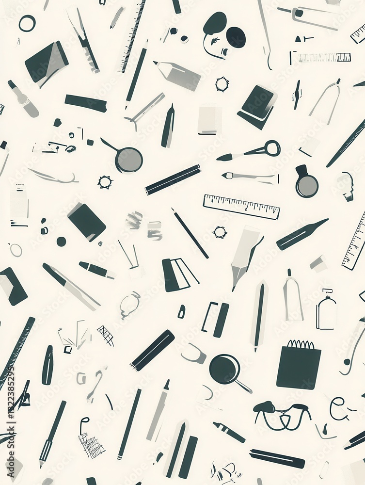 Poster seamless pattern of design tools featuring icons including pencils, rulers, and color palettes in a 