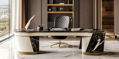 An elegant office featuring a modern desk and executive chair