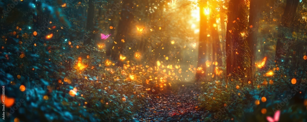 Poster vibrant, magical forest scene with glowing lights and colorful foliage. image features whimsical ele