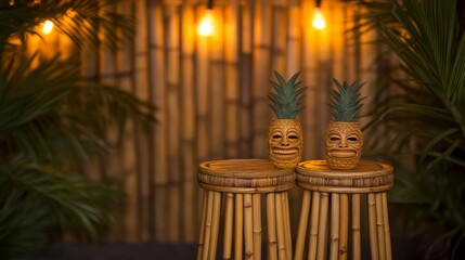 Two pineapple-shaped decor items on bamboo stool in a cozy, illuminated tropical setting
