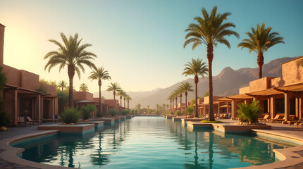 Luxury Desert Oasis Resort Palm Trees Sparkling Pool Mountain Views Vacation
