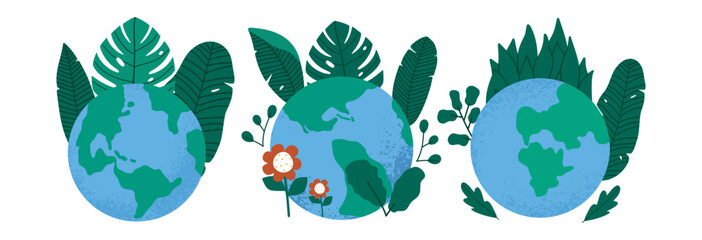 Set with palnet surrounded by flowers and leaves. Eco-friendly environmental concept illustration. Earth Day design element.