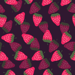 Seamless pattern with strawberry on color background. Natural delicious fresh ripe tasty fruit. Vector illustration for print, fabric, textile, banner, other design. Food concept.