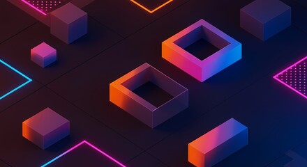 Abstract neon geometric background futuristic 3D render glowing cubes