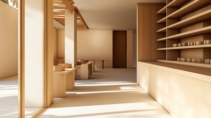 Modern minimalist interior design of a serene cafe space with wooden elements and natural light