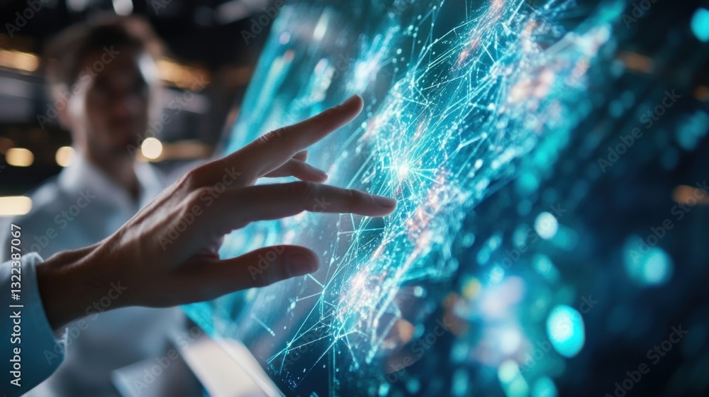 Poster a closeup of hands gesturing toward a holographic screen displaying a complex network of interconnec
