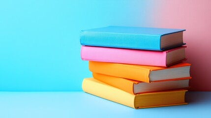 Fototapeta premium Stack of colorful hardcover books on blue background.